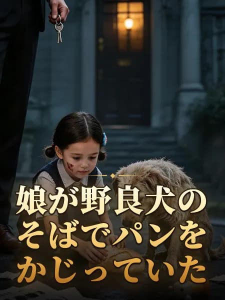 娘が野良犬のそばでパンをかじっていた