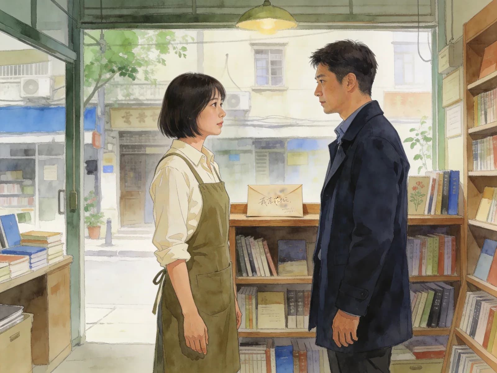 Two adults face each other between shelves in a sunlit bookshop.