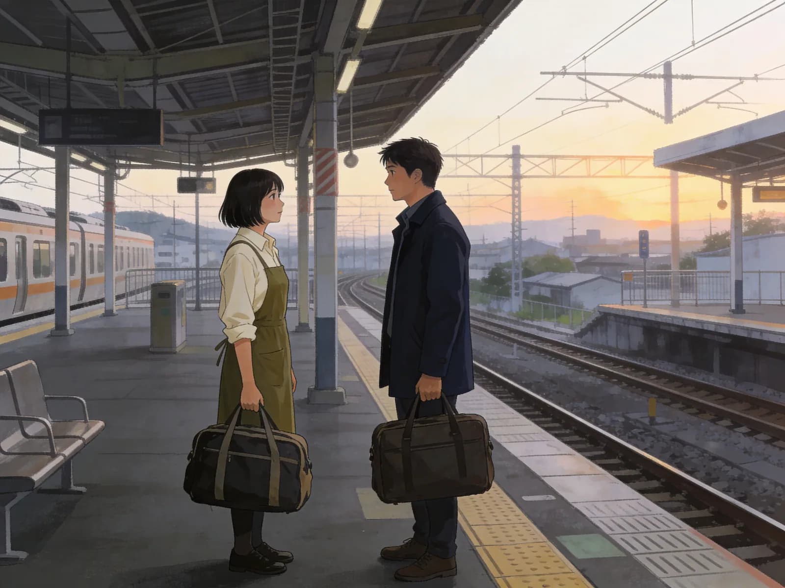 A woman and a man stand with separate bags on a railway platform at sunrise.