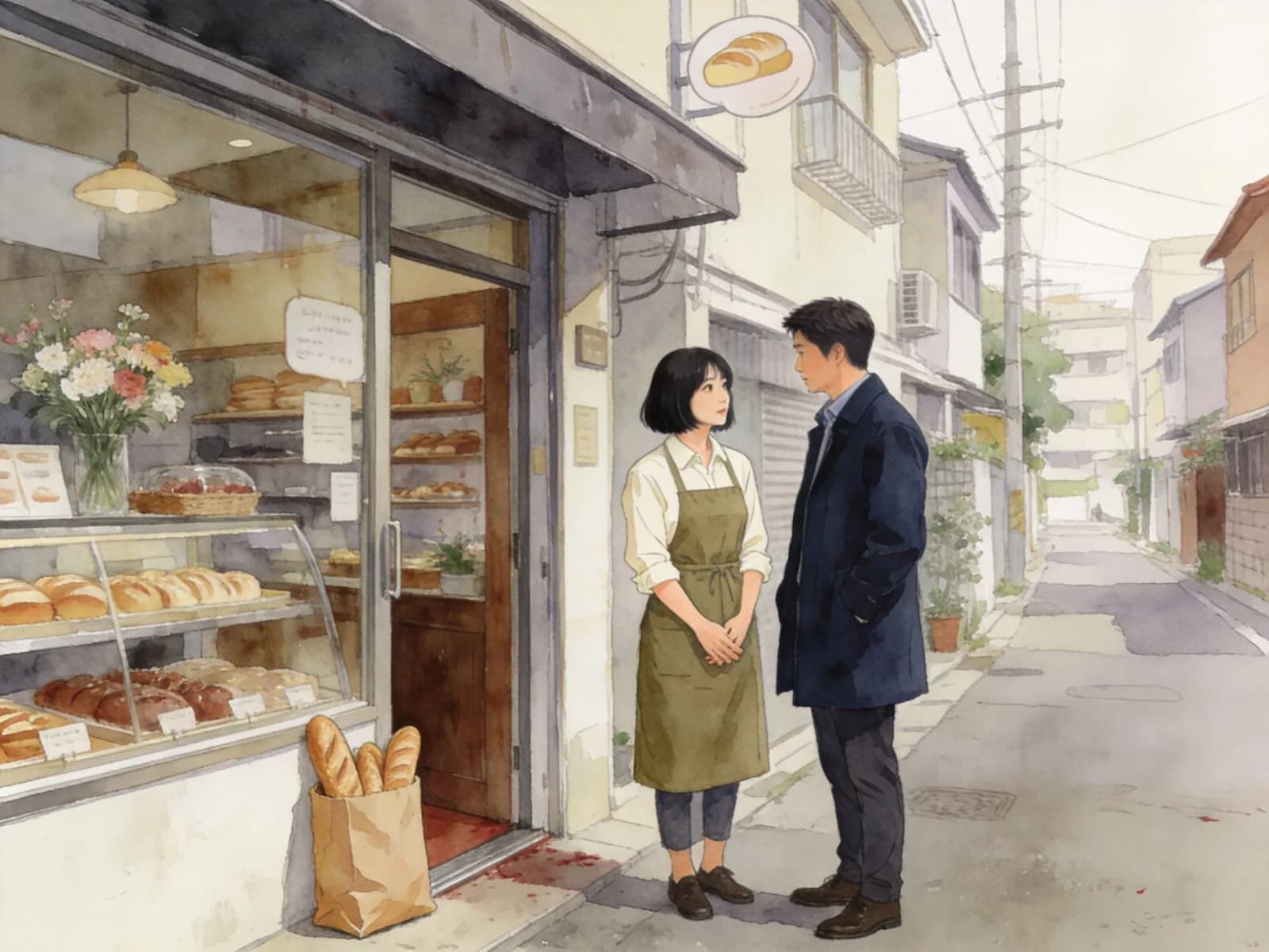 A florist and an architect meet outside a neighborhood bakery.