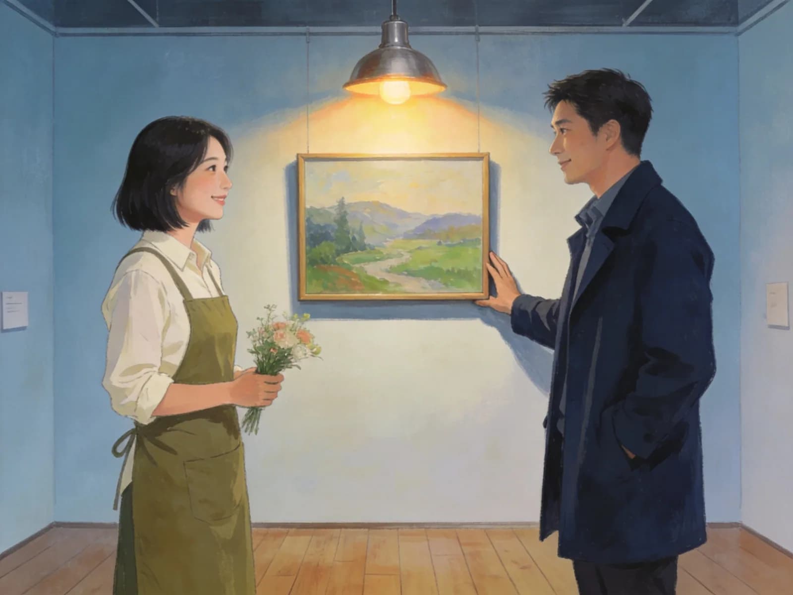 Two adults discuss a framed landscape in a small gallery.
