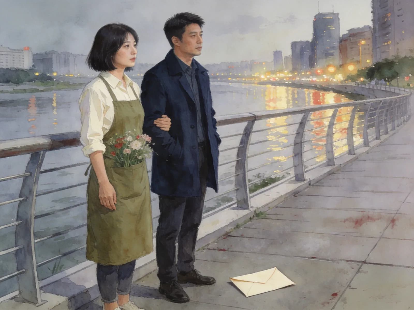 Two adults stand beside a river at dusk, with an envelope on the walkway.