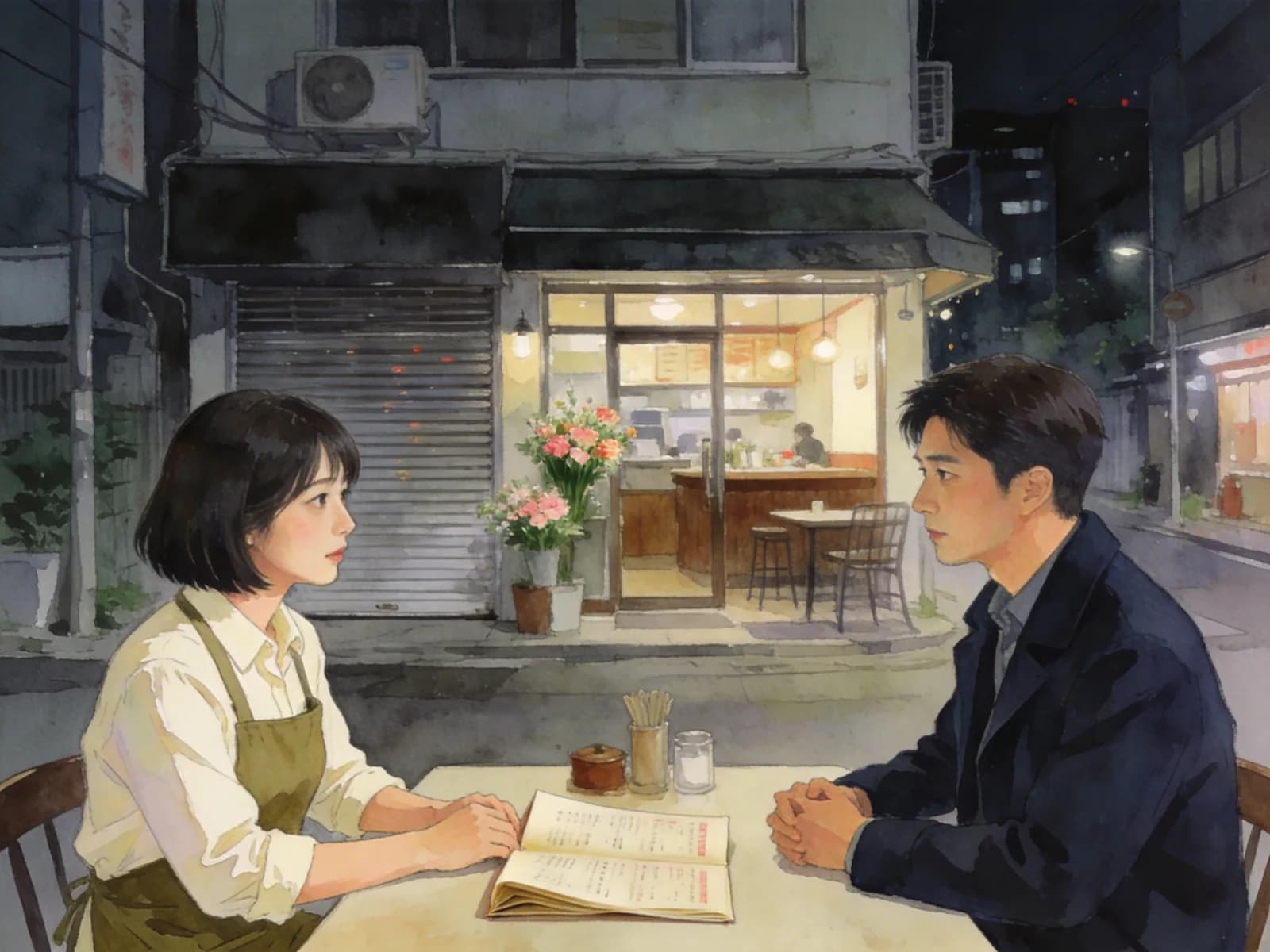 A woman and a man sit across a table outside a lit cafe at night.