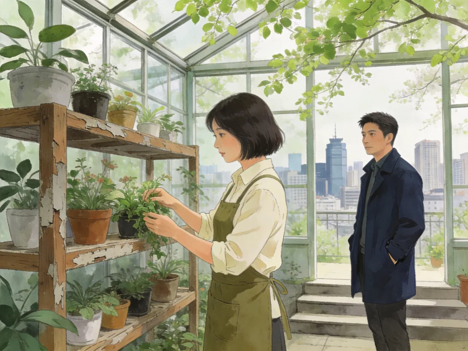 A florist tends plants while an architect watches from a rooftop greenhouse.