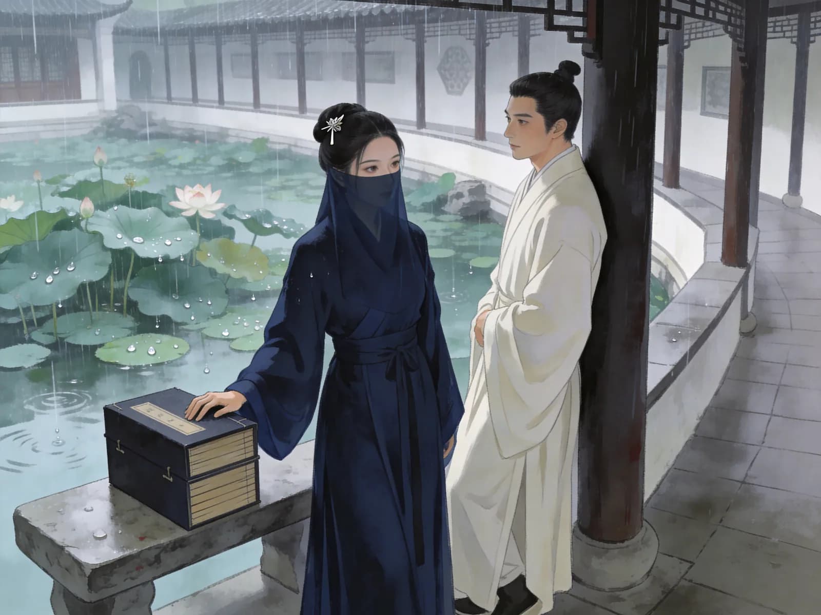An archivist in blue and a scholar in white stand beside an archive box in a palace corridor.