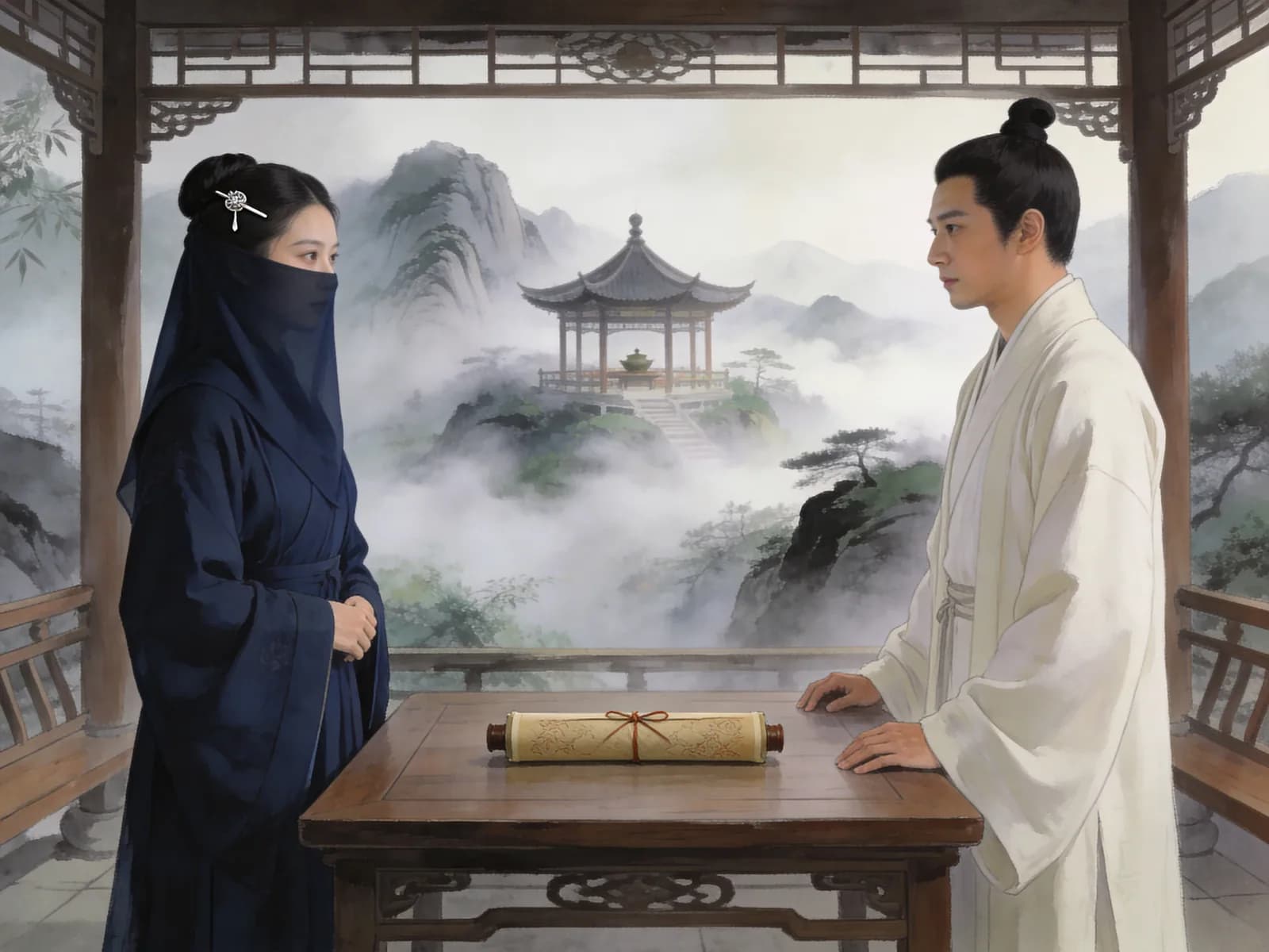 Two robed adults meet over a sealed scroll in a misty mountain pavilion.