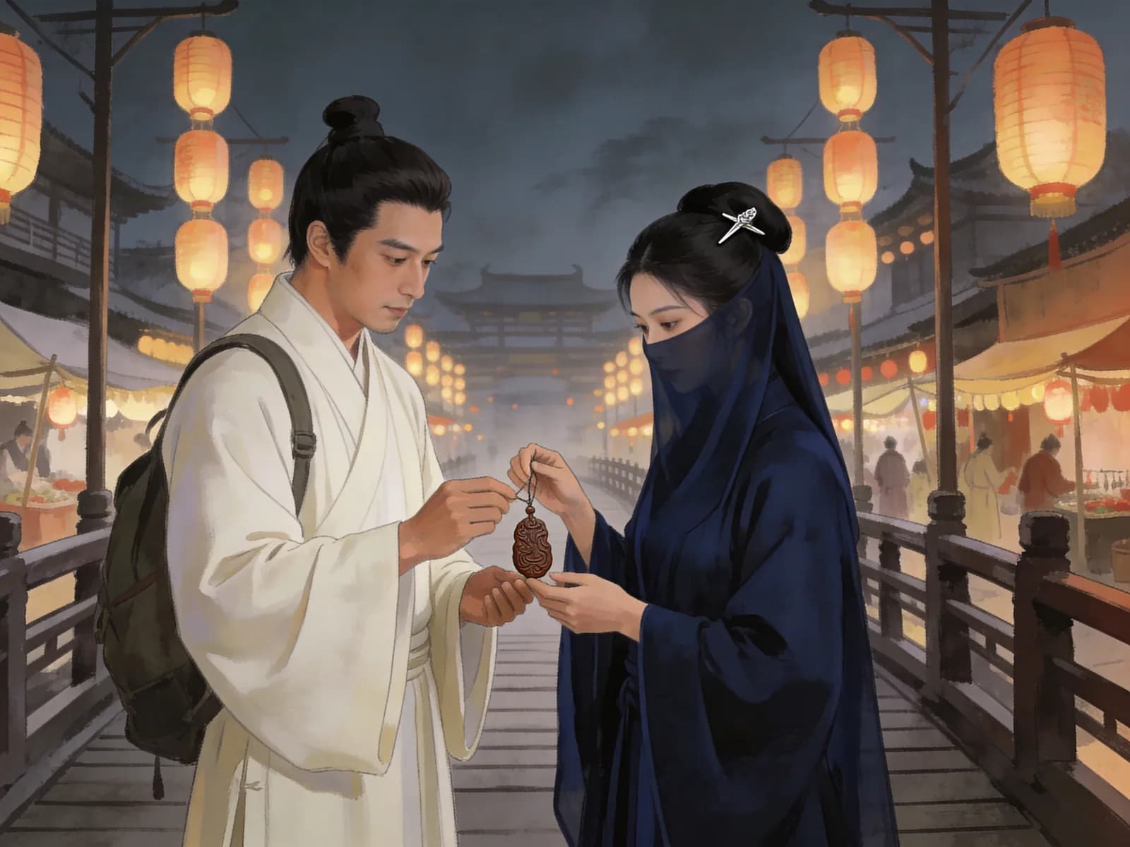 Two robed adults examine a carved pendant on a lantern-lit market bridge.