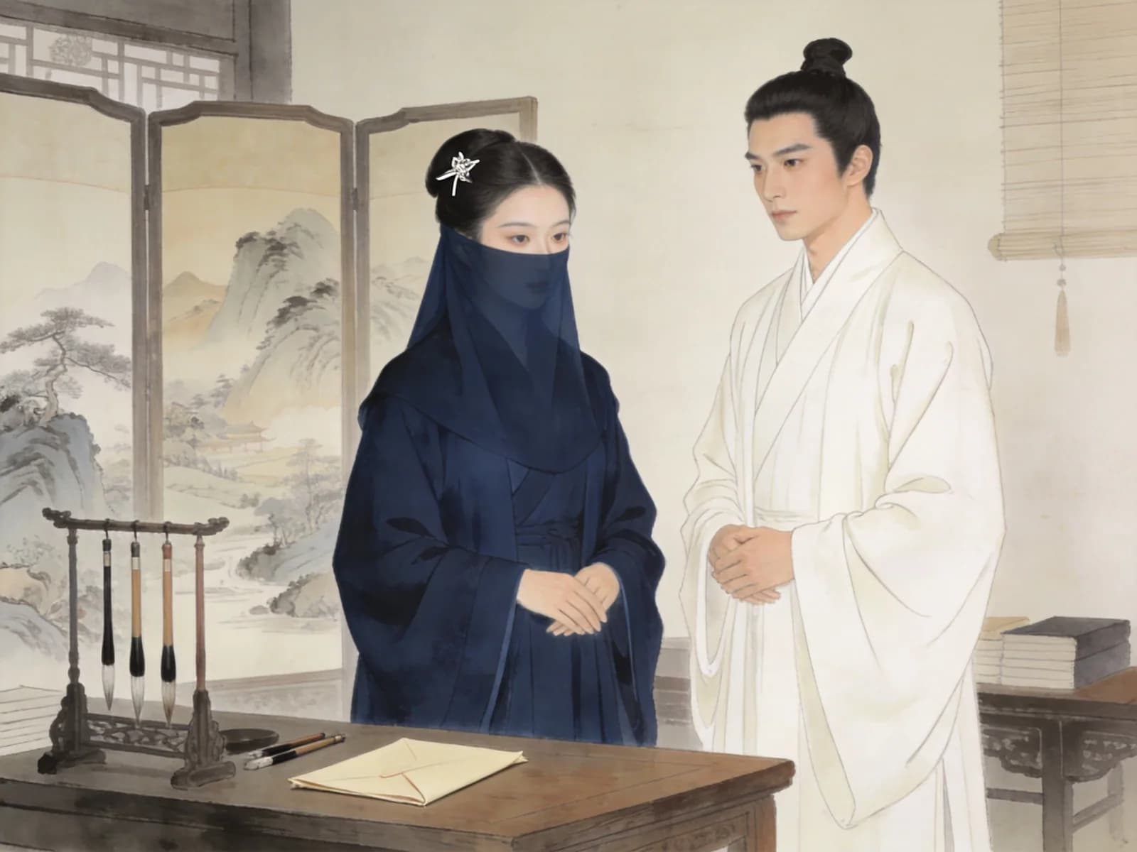 An archivist and a scholar stand in a study with brushes, a screen and a letter.