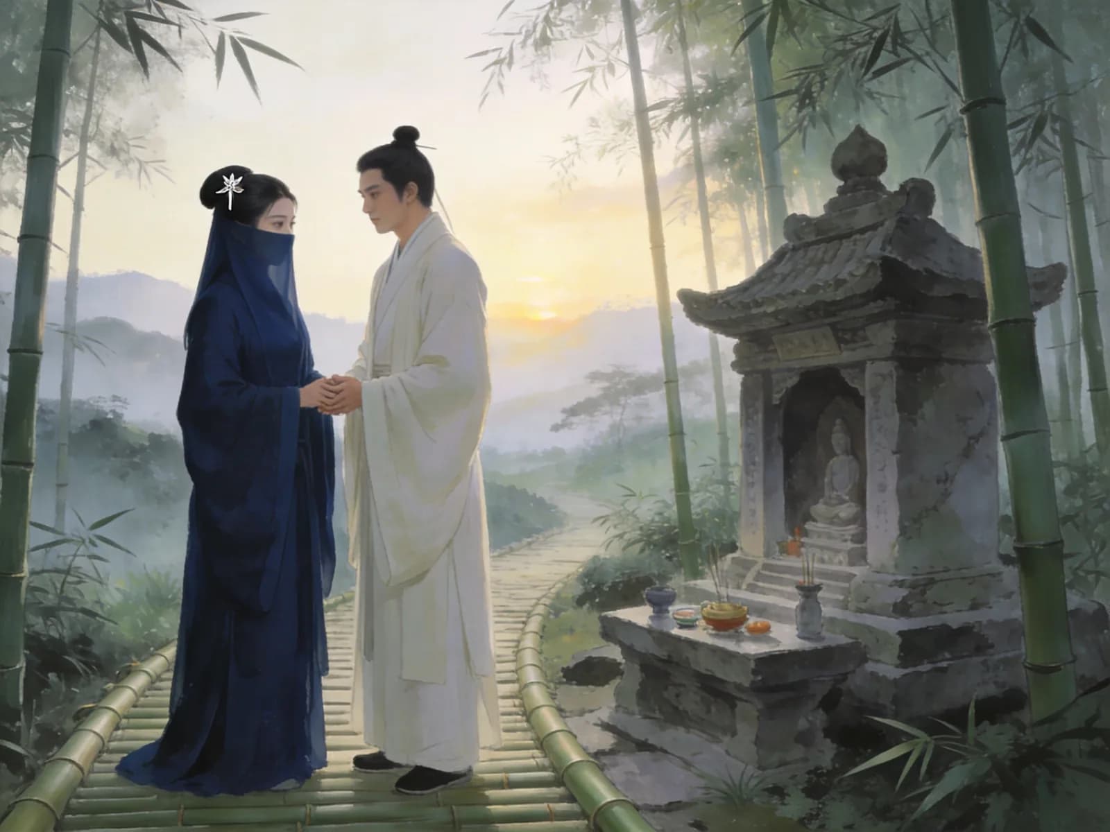 Two robed travelers pause beside a stone shrine on a bamboo path.