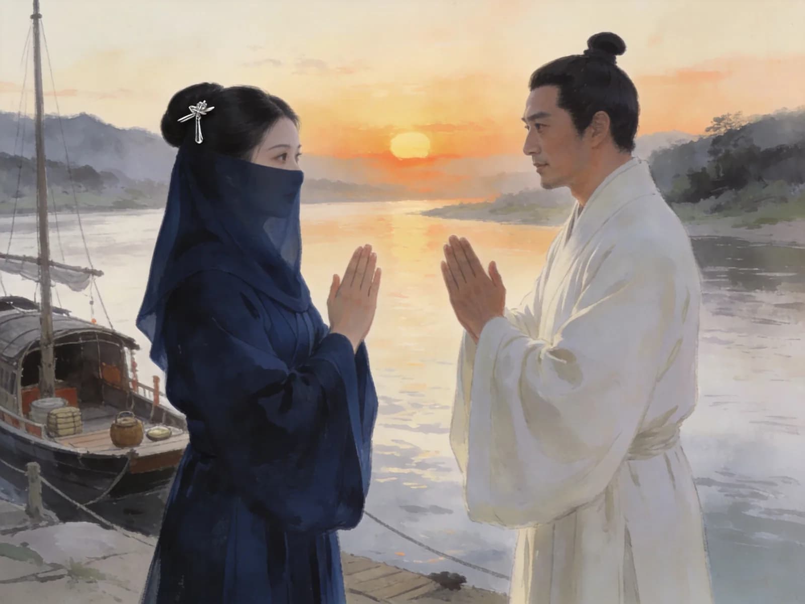 Two adults exchange a farewell gesture beside a river ferry at sunset.