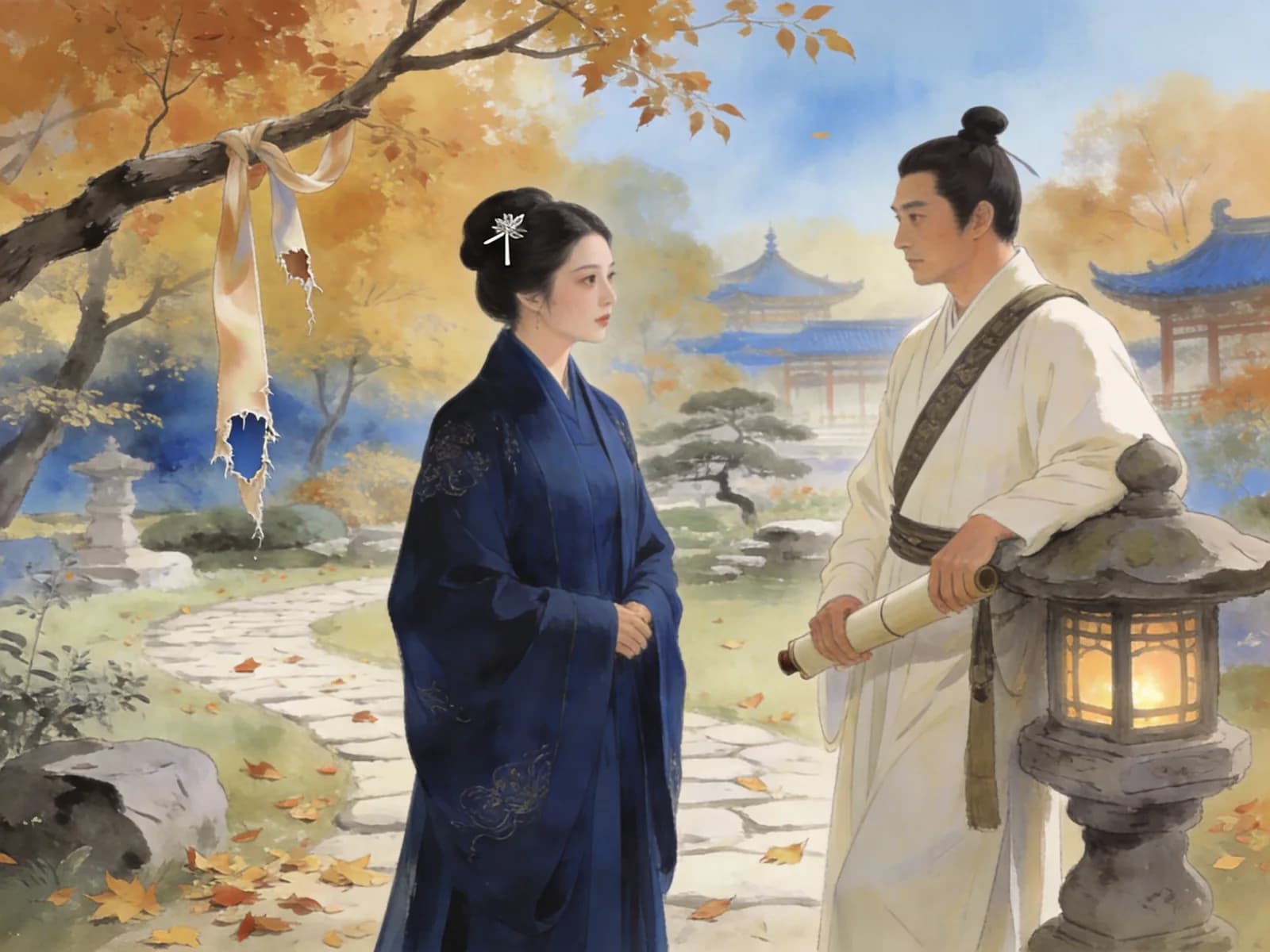 Two adults stand in an autumn garden near a ribbon tied to a tree.