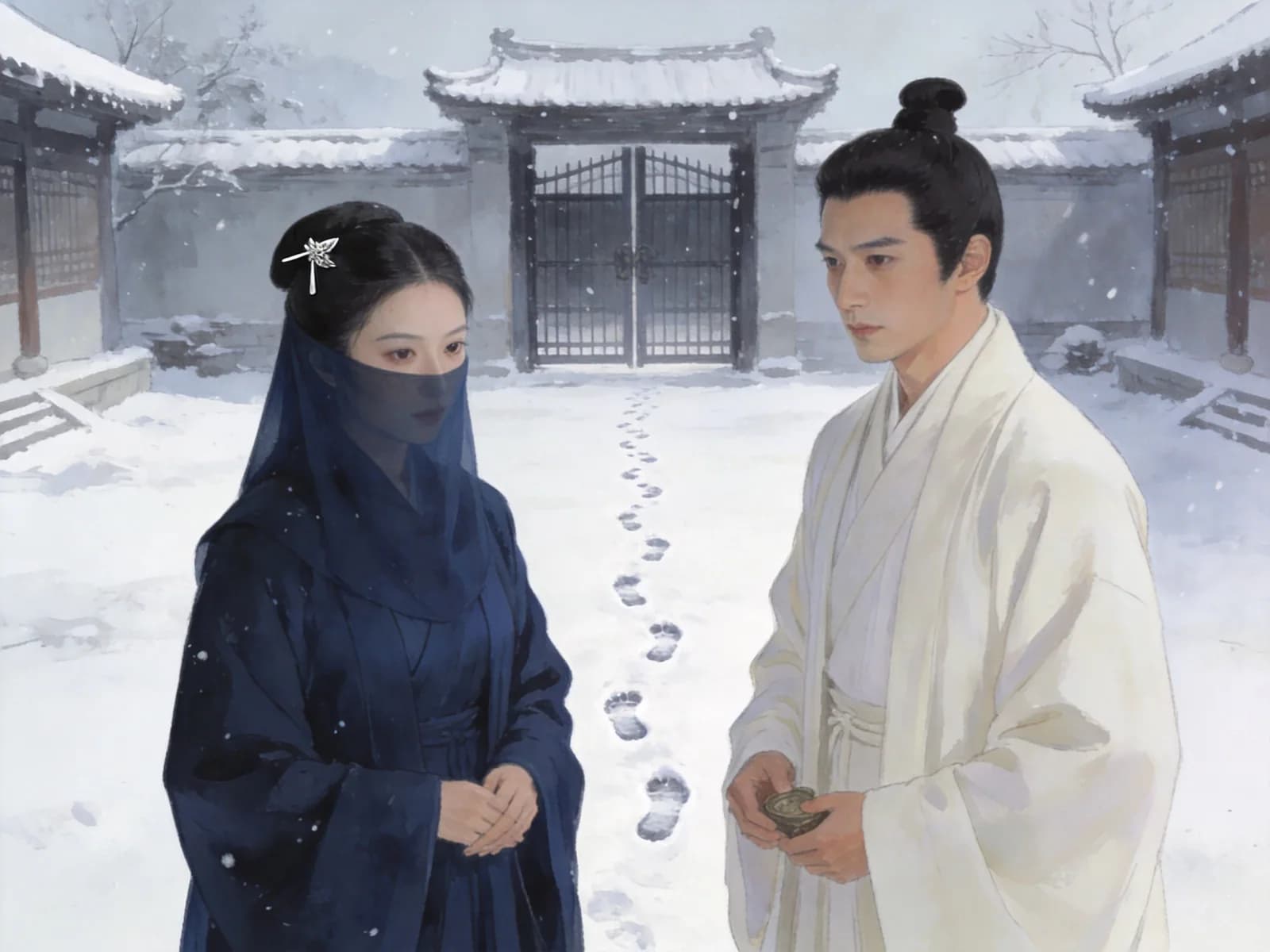 An archivist and a scholar stand before a closed gate in a snowy courtyard.