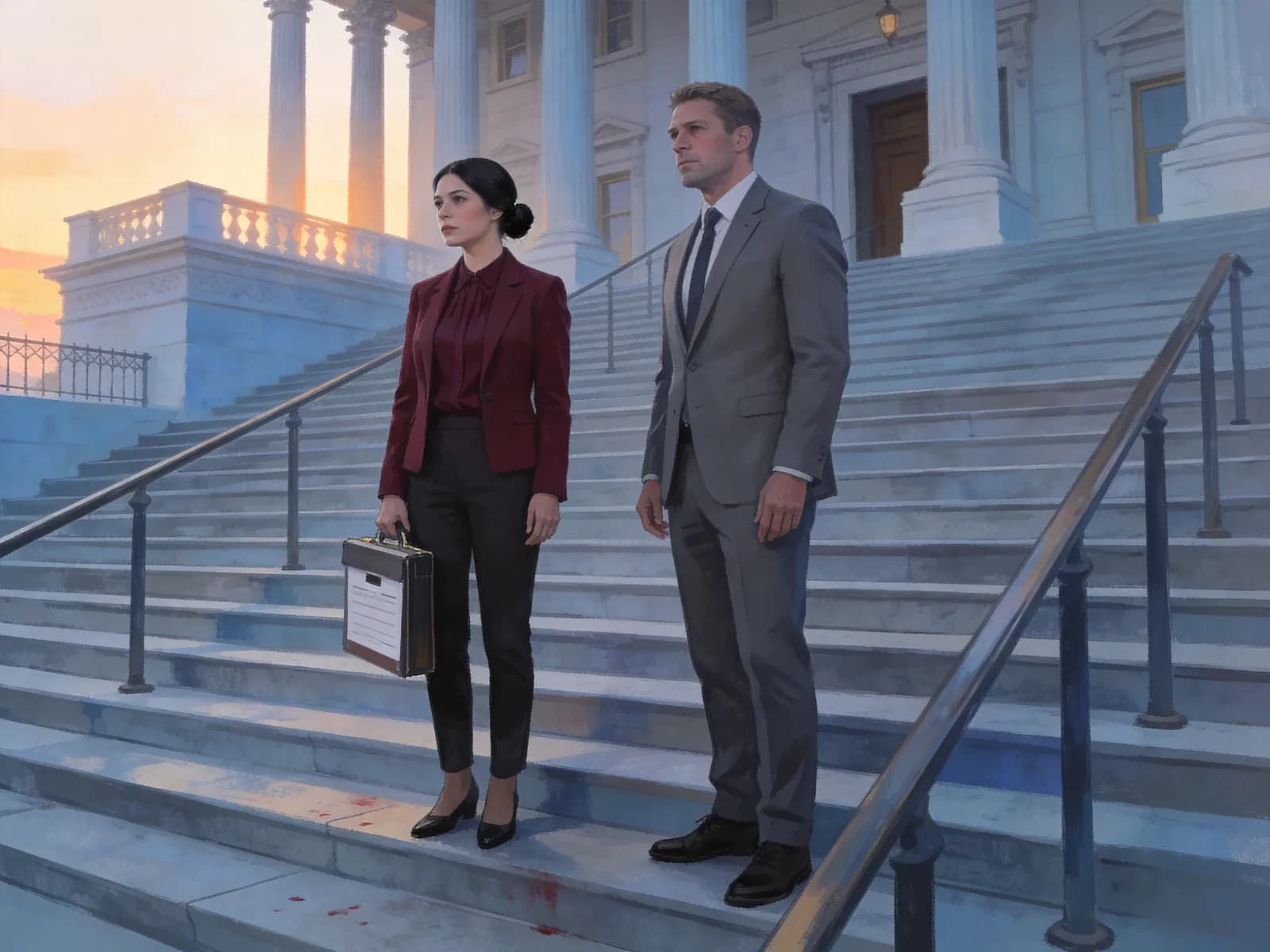 Two professionals stand on courthouse steps at dawn with a document case.