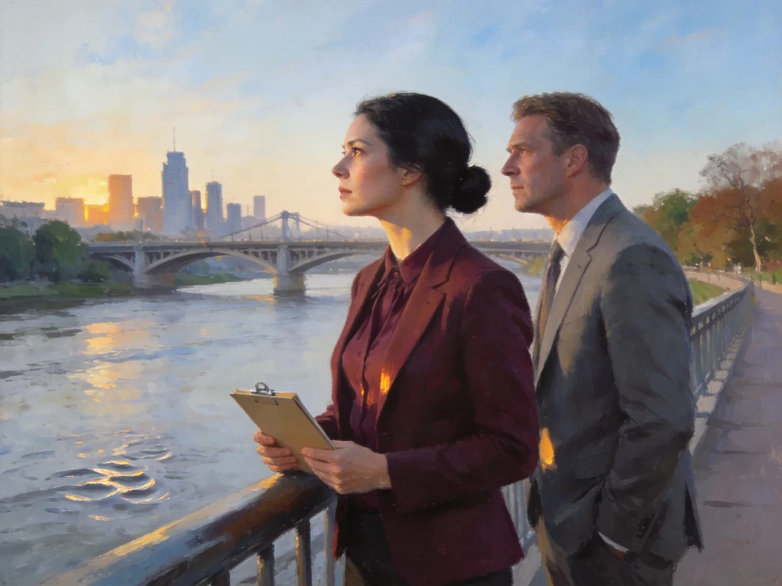 A woman holding a folder looks across a river toward the city.
