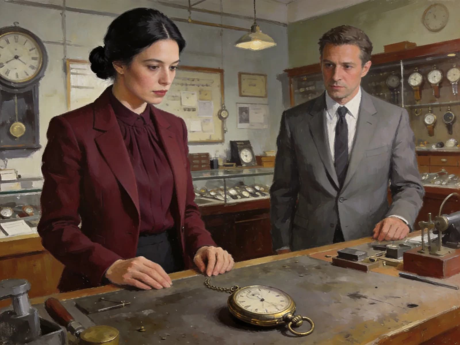 Two adults examine an old pocket watch on a watchmaker’s counter.