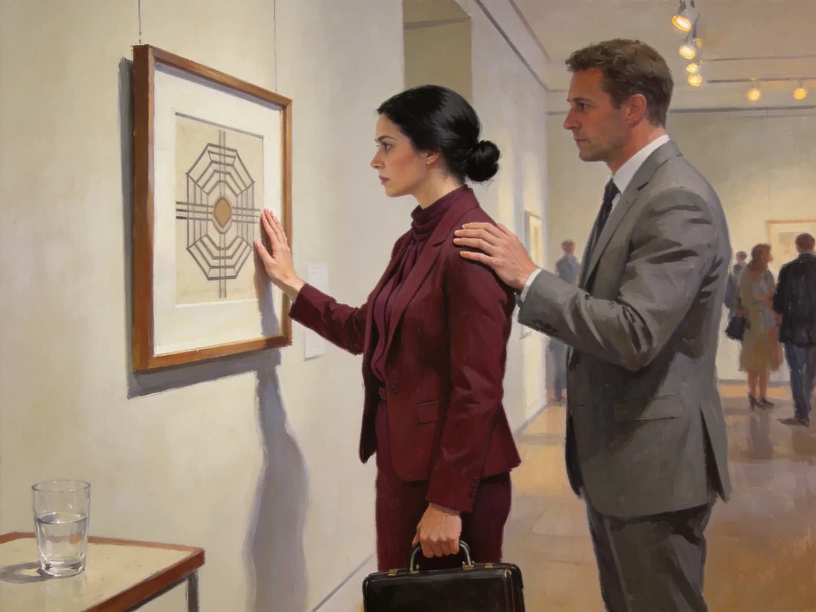 A woman points to her framed geometric design at a gallery opening.