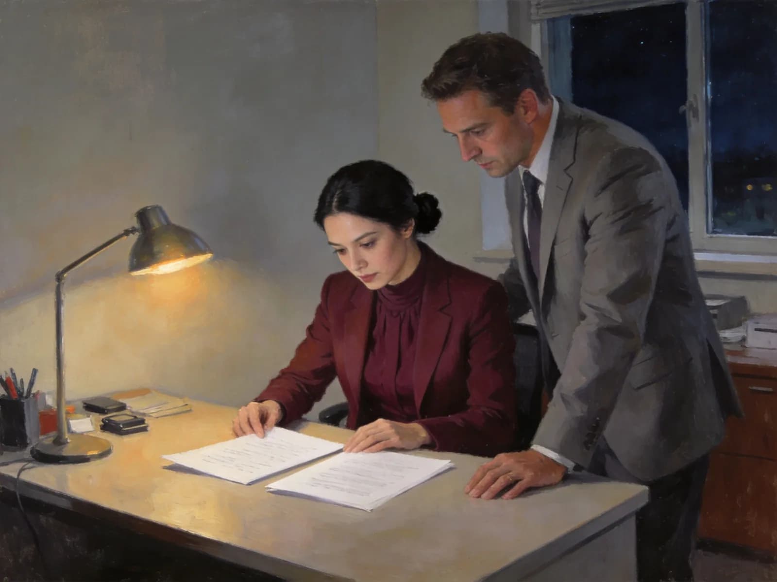 Two colleagues compare papers under a desk lamp in a dark office.