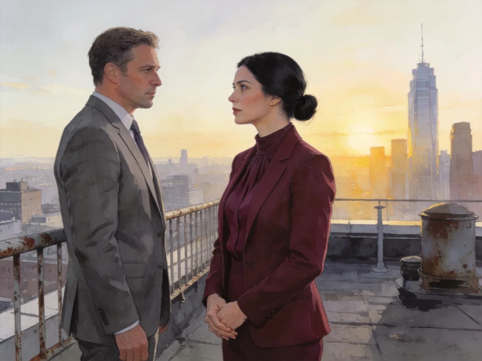 A woman and her colleague speak on a rooftop as the sun rises behind the city.
