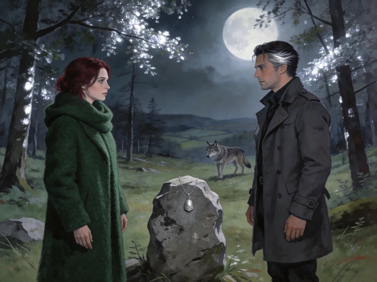 Two human adults stand in a moonlit clearing beside a stone pendant, with a wolf in the distance.