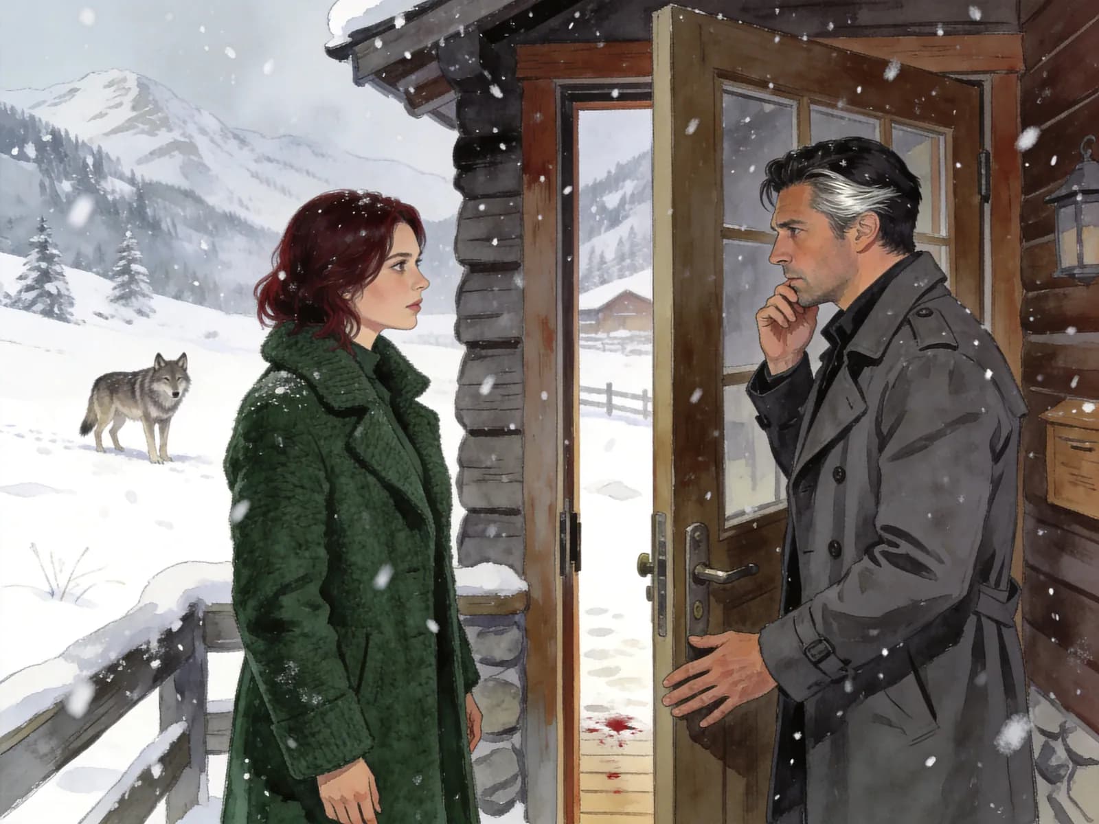 Two adults pause at the doorway of a mountain lodge during snowfall.