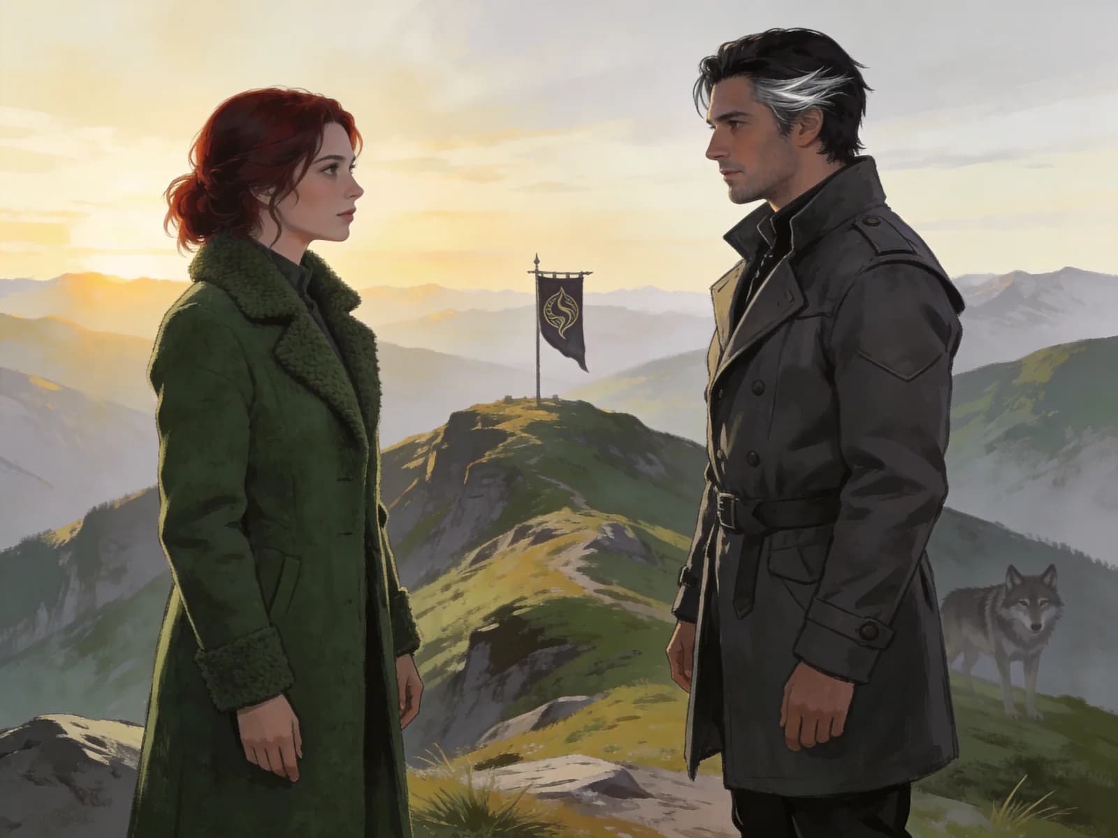 Two adults meet on a mountain ridge with a clan banner in the distance.