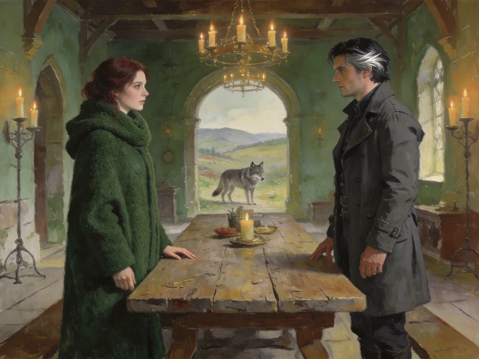 Two adults stand on opposite sides of a council table in a candlelit hall.