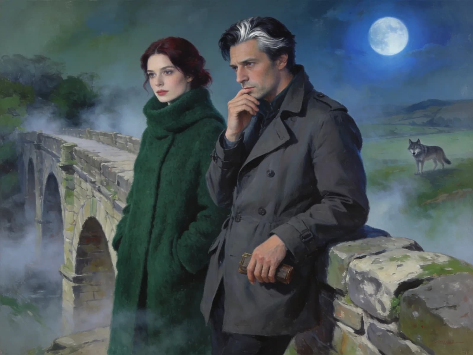 Two adults lean against a stone bridge beneath a blue moon.