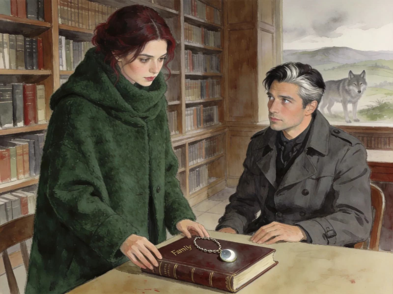 A woman and a man study a closed family ledger and a pendant in a library.