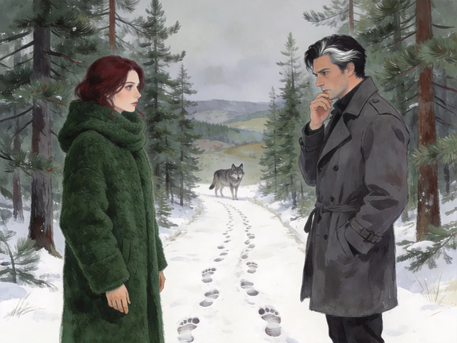 Two adults stand beside diverging footprints on a snowy forest path.