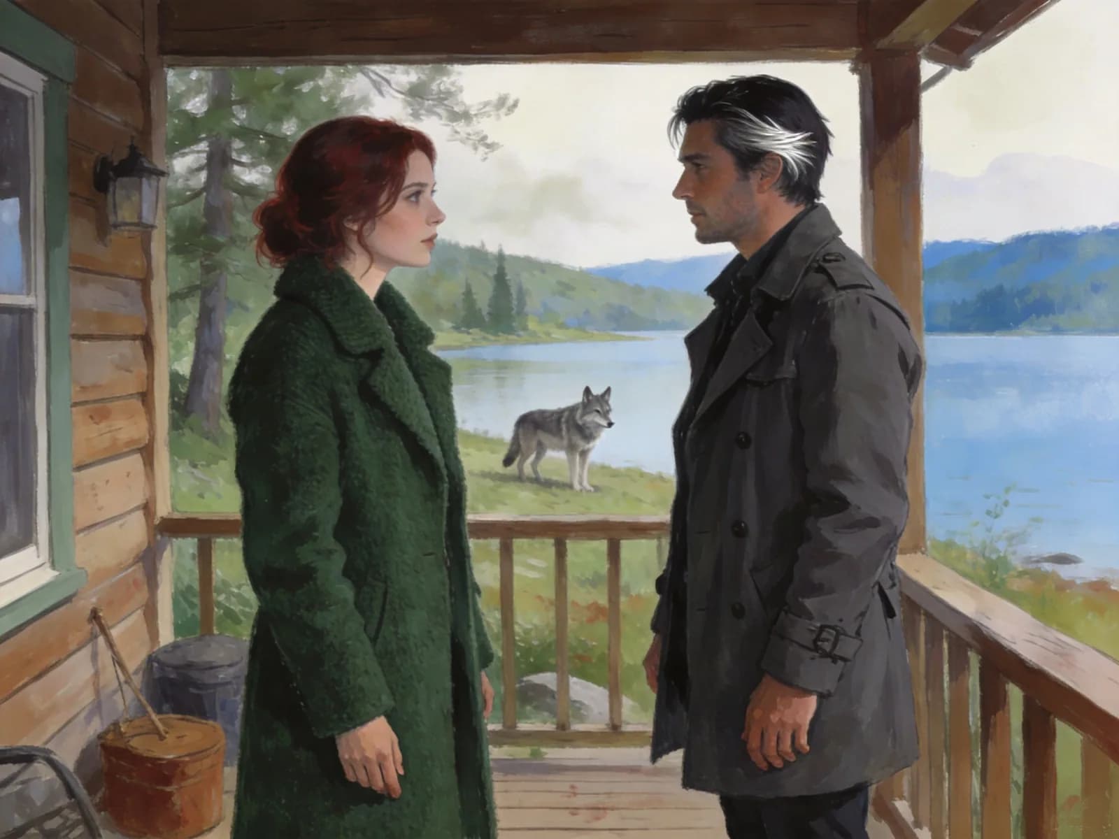 Two adults talk on the porch of a cabin overlooking a lake.